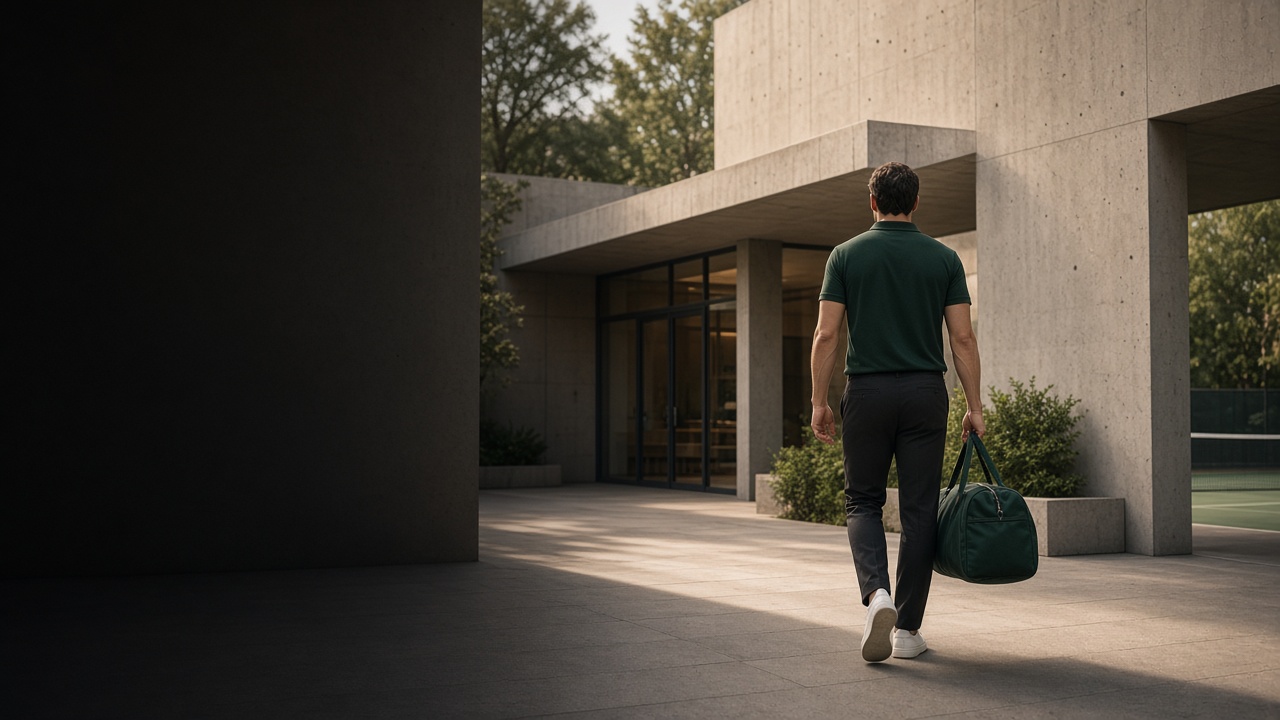 Athlete in dark green sportswear walking toward a tennis club with a forest-green duffel