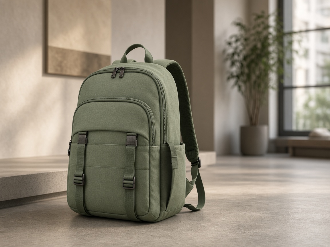 Sage-green everyday backpack in a calm interior