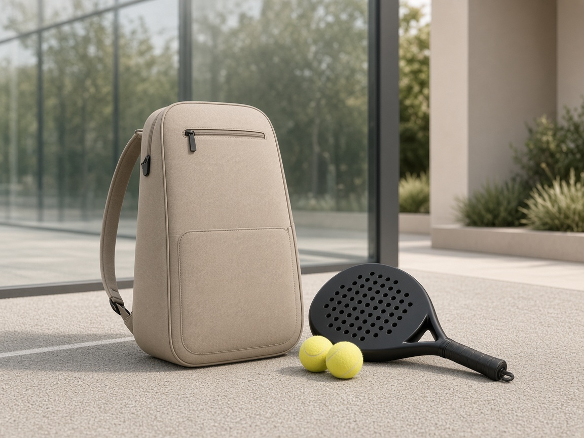 Warm beige padel bag beside a contemporary glass court