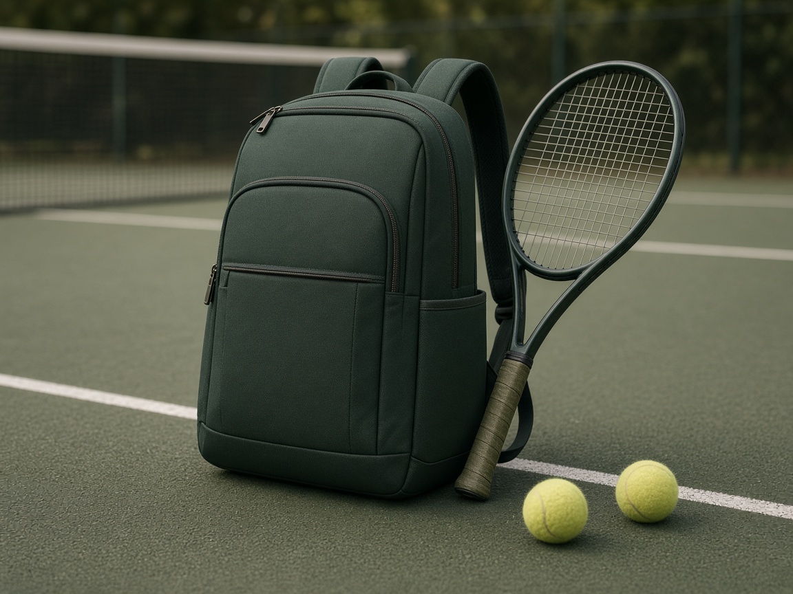 Forest-green tennis bag standing on a muted tennis court