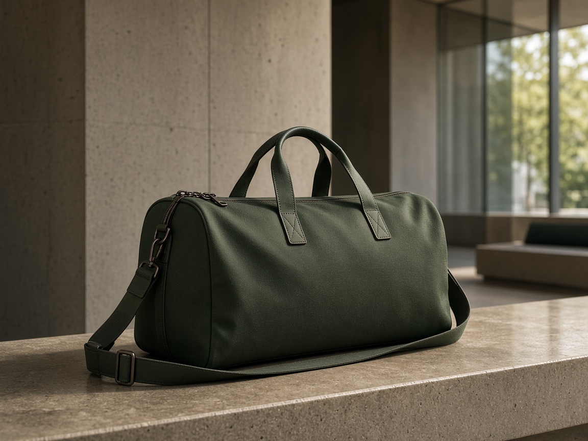Forest-green travel duffel in a contemporary lounge